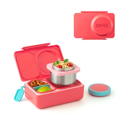 Omie OmieBox UP bento Box for Kids | Insulated Lunch Box | Leak Proof Vacuum Insulated Thermal Food jar | Cooler ice Pack | 2 Compartments (Cherry Pink) - color: Cherry Pink