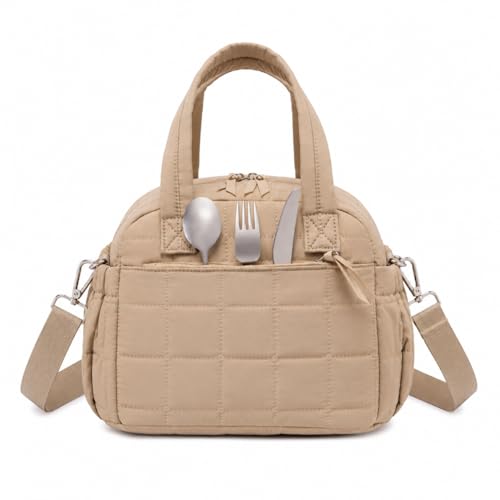 LEDAOU Large Quilted Insulated Lunch Bag for Women, 13L Puffy Lunch Tote with Adjustable Shoulder Strap, Reusable Water-Resistant Lunch Box for Work, School, Picnic & Travel - color: Brown, size: Large 13L