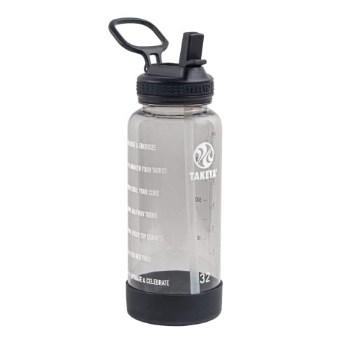 Takeya Motivational Water Bottle with Straw Lid and Time Marker (32 oz, Stormy Black) - Leakproof, BPA Free Water Bottle for Daily Intake Tracking - color: Stormy Black, size: 32 Ounces