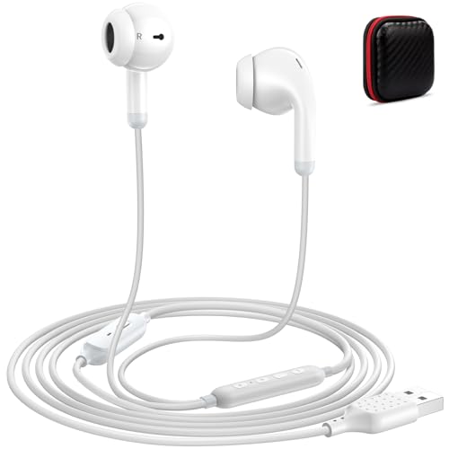USB Earbuds with Microphone Mute for PC,Wired Headphones USBA,White | USB Headset with Mic for Computer, 3EQ Mode,Stereo Noise Isolating Earbuds for HP/Dell Laptop Gaming Work Office Zoom School - color: White