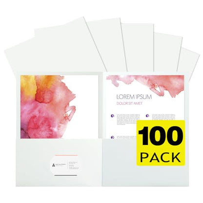 pmybupo 100Pcs White Folders with Pockets and Business Card Holder,2 Pocket Folders for School,Home or Office,Durable Heavy Duty File Folders - color: White