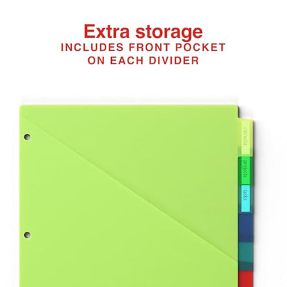 Staples Large Tab Plastic Insertable Pocket Dividers, 8-Tab Set, Multicolor – Durable Write‑On Binder Dividers with Pockets for 3‑Ring Binders