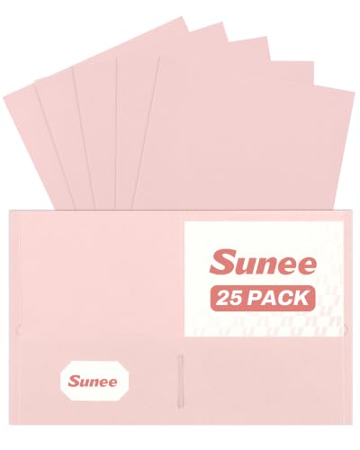 SUNEE Two Pocket Folders, 25 Pack File Folders with Business Card Slot, Textured Paper, Fit Letter Size Paper, Paper File Folder for School Office Home Business, Pink - color: Pink, style: 25-Pack