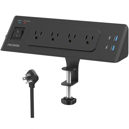 PAEWOK Desk Clamp Power Strip with 4 Outlets 4 USB Ports (2 USB C), Black | 6.5ft Flat Plug Extension Cord, Fit 1.9 inch Tabletop Edge, Desktop Mounted, Surge Protector, Desk Charging Station