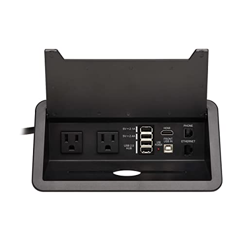 Tripp Lite in-Desk 2-Outlet Power + 5-USB Charging Dock - Phone, Ethernet & HDMI Ports for Cable Management - 4 USB-A & 1 USB-B Ports, Hinged Door, 10 ft Cord, (PS222DATAM)