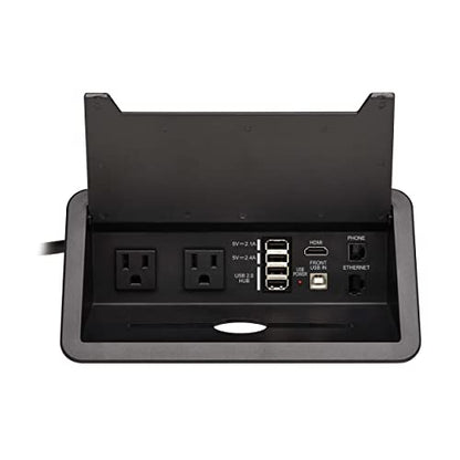 Tripp Lite in-Desk 2-Outlet Power + 5-USB Charging Dock - Phone, Ethernet & HDMI Ports for Cable Management - 4 USB-A & 1 USB-B Ports, Hinged Door, 10 ft Cord, (PS222DATAM)