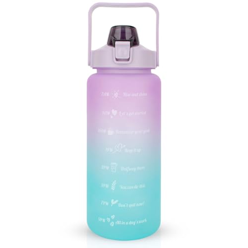 Large Motivational Water Bottle with Straw Time Marker BPA Free for Sport and Fitness (64 Oz/Half Gallon) (cyan-blue-purple)