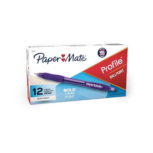 Paper Mate Profile Retractable Ballpoint Pens, Bold Point (1.4mm), Purple Ink, 12 Count - Journaling, Teacher Supplies, Note-Taking - color: Purple, size: 12 Count (Pack of 1)