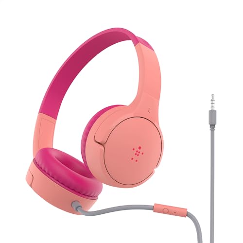 Belkin SoundForm Mini Kids Wired Headphones with Built-in Microphone & Fun Stickers, 85dB Safe Volume Limit – for Online Learning, Travel, Compatible w/iPhone 15, iPad, Galaxy S23, & More - Pink - color: Pink, style: Wired
