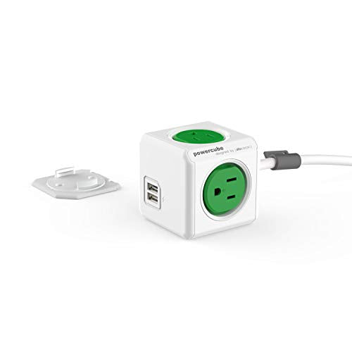 Allocacoc PowerCube USB Power Strip Surge Protector, 4 Outlets 2 USBs 5ft Cord Mounting Dock & Removable Tape, Compact Travel Plug Cube for Cruise Home Office Dorm 15A 1875W ETL Certified Green - color: Green