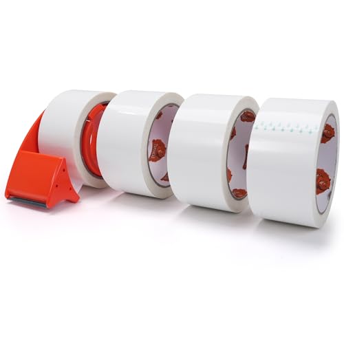 TAPEBEAR White Packing Tape with Dispenser, 1.88 Inch x 60 Yards Packaging Tape, 4 Refills Rolls Decorative Moving Tape for Boxes, Shipping and Sealing - color: White