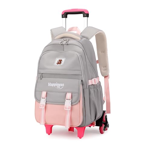 Girls Rolling Backpack for School Kids, Carry-on Wheeled School Bag Backpack for Girls with 6 Wheels, Grey+Pink - color: 6 Wheels-02-grey+pink, style: 6 Wheels