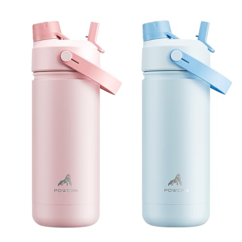POWCAN 2 Pack 18 oz Insulated Water Bottle for School: Leakproof, 2-in-1 Straw Spout Lid, BPA-Free, Keep Cold 24 Hrs, Stainless Steel Cup for Girls Boys Kids (Cotton Candy & Sea Breeze) - color: Cotton Candy & Sea Breeze, size: 18 oz (Pack of 2)