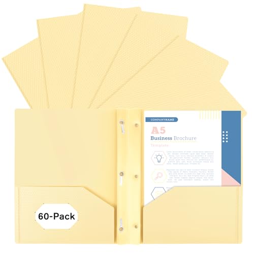 60-Pack Plastic andPockets and Prongs,2-Pocket and3 Fasteners, Pastel Folders Holds 8-1/2" x 11" Paper for School/Office/Home, Yellow - color: Light Yellow, size: 60-Pack