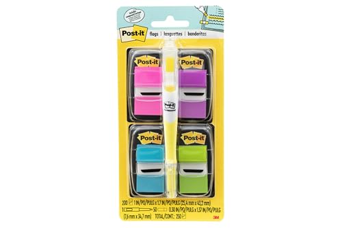 Post-it Flags Value Pack, 50/Dispenser, 4 Dispensers/Pack, 1 in Wide, Assorted Bright Colors, Includes FREE Flags + Highlighter (680-PPBGVA) - size: 0.6" x 3.9"