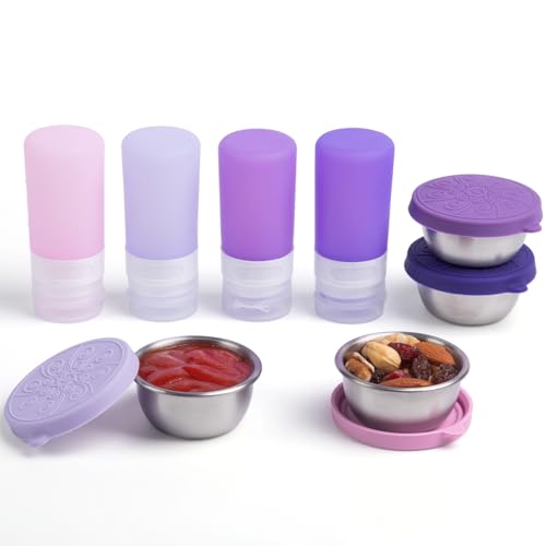 MICEBAY 8-Pack Salad Dressing Container To Go, 2-oz Silicone Small Condiment Squeeze Bottles and 1.6 oz Stainless Steel Sauce Containers Cups, Leakproof Condiment Containers with Lids for Lunch Box - color: Purple, size: 2-oz