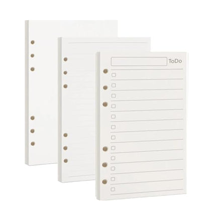 Multibey A6 Refill Paper, 3-Pack Planner Insert for A6 Binder, 100GSM Thick Refillable Paper, 6-Hole Filler Inserts, Loose Leaf Paper, 135 Sheets (270 Pages), Blank/Lined/To Do Inserts