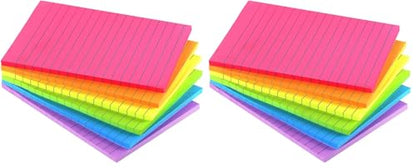 Lined Sticky Notes 4X6 in Bright Ruled Stickies Colorful Super Sticking Power Memo Pads, 45 Sheets/pad, 6 Pads/Pack (Pack of 2) - size: 4x6 in (Pack of 2)