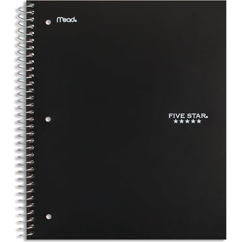 Five Star Spiral Notebook + Study App, 5 Subject, Wide Ruled Paper, 8" x 10-1/2", 200 Sheets, Fights Ink Bleed, Water Resistant Cover, Black (72045) - color: Black, size: 8" x 10.5" (Pack of 1)