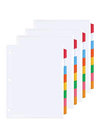 3 Ring Binder Dividers with 8 Color Tabs, Laminated Write-On Erasable Tabs, Tear Resistant Reinforced Binding Edge - 8.5” x 11” Letter Sized - 4-Pack