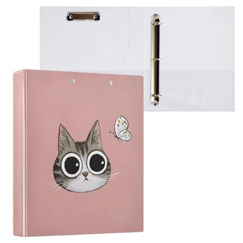 Fustylead Cute Cat and Butterfly Soft Pink 3 Ring Binder, D-Rings 1.5" Hardcover Folder, Fits 200 Sheets of A4 Paper, Durable Clipboard & Clean View with Inside Pockets for School Home Office - size: 12.4x10.63x2.36 Inch-1 Pack