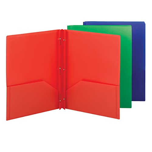 Smead Poly Two-Pocket Folder with Tang Style Fasteners, Letter Size, Assorted Colors, 6 per Pack (87745) - color: Red, Blue, Green