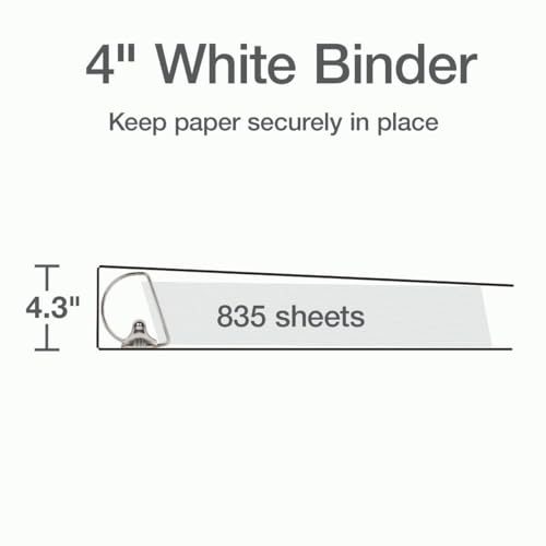 Cardinal 3 Ring Binder, 4 Inch Heavy Duty XtraLife Binder, Locking Slant-D Ring, Crack-Resistant Cover & Spine, ClearVue Covers, Holds 890 Sheets, PVC-Free, White (26340) - color: White, size: 4-Inch
