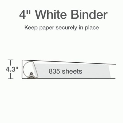 Cardinal 3 Ring Binder, 4 Inch Heavy Duty XtraLife Binder, Locking Slant-D Ring, Crack-Resistant Cover & Spine, ClearVue Covers, Holds 890 Sheets, PVC-Free, White (26340) - color: White, size: 4-Inch