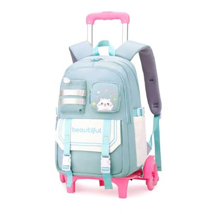 Cat Print Rolling Backpack for Girls Kids Backpack with Wheels Roller Bookbag Trolley School Bag Wheeled Bag Blue - color: 6 Wheels Blue A1, style: 6 Wheels