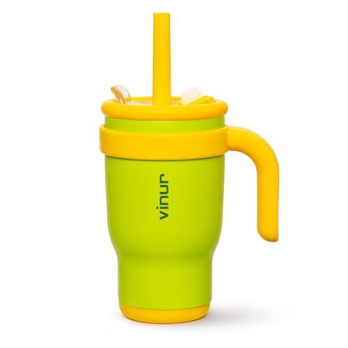 VINUR Kids Tumbler with Handle-14 oz Stainless Steel Double Wall Vacuum Insulated Tumbler with Lid and Straw, Travel Water Cup for Girls (Apple Green) - color: Apple Green, size: 14 Ounces
