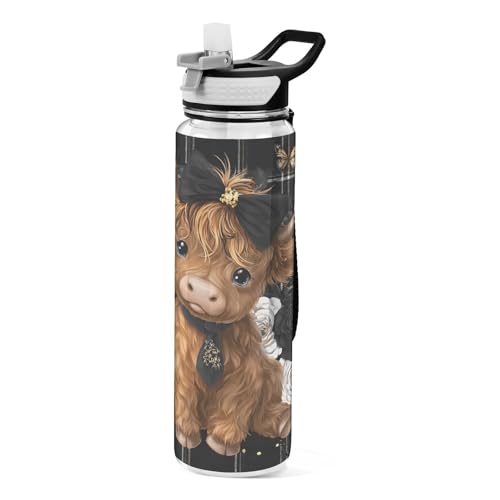 ALAZA Highland Cow Water Bottle with Straw,Leakproof Tritan Clear Sports Water Bottle Black White Floral Kids Water Bottle for School Outdoor Sports Drinking,32 oz - color: Highland Cow, size: Large
