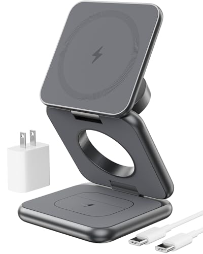 Foldable Magnetic Wireless Charger, KU XIU X40 Aluminum Alloy 3 in 1 Charging Station for Apple, Fast Magnetic Charger Stand for iPhone 17 16 15 14 13 12 Series, 5W for iWatch, AirPods 3/2/Pro, Gray - color: Gray