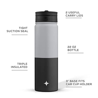 JoyJolt Triple Insulated Water Bottle with Straw Lid AND Flip Lid! 22oz Water Bottle, 12 Hour Hot/Cold Vacuum Insulated Stainless Steel Water Bottle. BPA-Free Leakproof Water Bottles - Thermos Bottle - color: Gray/Black, size: 22 Ounces