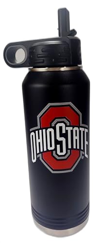 Ohio State University 32oz Stainless Steel Double Walled Black Beverage Bottle with Flip Straw Spout - College Gear for Playoff Season – For Office, Home or Auto – Show your Buckeye Pride - style: Ohio State / Black