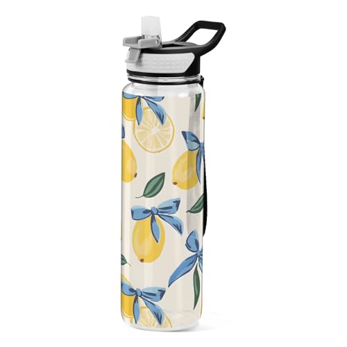 ALAZA Lemon Blue Bow Water Bottle with Straw,Leakproof Tritan Clear Sports Water Bottle Kids Water Bottle for School Outdoor Sports Drinking,32 oz - color: Lemon Blue Bow, size: Large