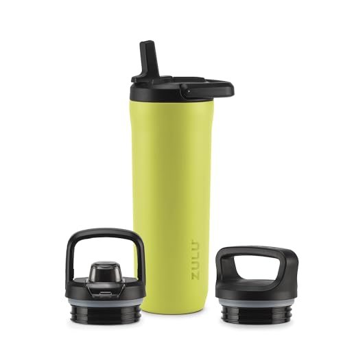 ZULU Base 18oz Kids Stainless Steel Water Bottle with 3 Lids- Straw, Chug, Twist | Double Walled and Vacuum Insulated Metal Thermos | Fits Car Cupholder, Built in Carry Loop, Dishwasher Safe, Guac - color: Guac, style: 18oz