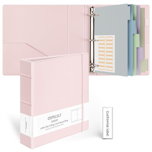 Ospelelf Vintage Hardcover 3 Ring 2 inch Leather Binder, Professional Binders Organizer Suitable for Letter Size Documents, Binder Dividers with Tabs, Rose Pink - color: Pink, size: Letter Size - 2 Inch Ring