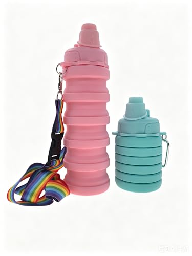 Collapsible Water Bottles Silicone Foldable Reusable Leakproof Travel Water Bottle 17.6oz With Mountaineering Buckle And Adjusting Rope For Sports Camping Hiking Cycling Yoga（Green And Pink） - color: Green + Pink