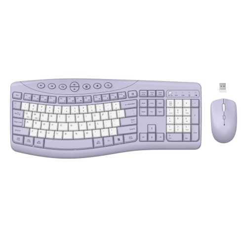 Wireless Keyboard and Mouse Combo, 2.4G Full Size Quiet Ergonomic Curved Keyboard for Natural Typing, 3-Level DPI Adjustable Silent Mouse for Windows, Mac OS, Desktop/Office and Home (Purple-B) - color: purple-b