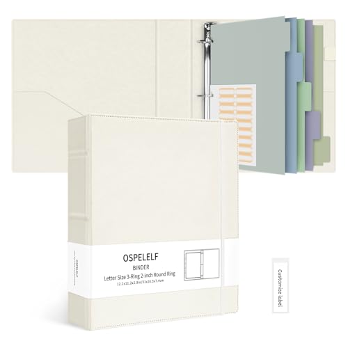 Ospelelf Vintage Hardcover 3 Ring 2 inch Leather Binder, Professional Binders Organizer Suitable for Letter Size Documents, Binder Dividers with Tabs, Beige - color: Beige, size: Letter Size - 2 Inch Ring