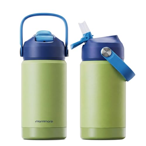 Mommore Kids Insulated Water Bottle with Soft Rubber Handle, 12oz Stainless Steel Thermos with Straw Lid, Leak Proof, Easy to Clean Design, Vacuum Small Canteen for School Boys Girls, Green-1 Pc - color: Green