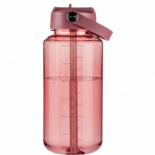 OLDLEY 32oz Water Bottle with Straw, Leakproof Tritan Clear Bottle with Marked Bottle and Carry Handle, BPA-Free Wide Mouth Reusable Sports Water Bottle for Gym,Hiking, Camping,Travel,Workout,Red - color: Red