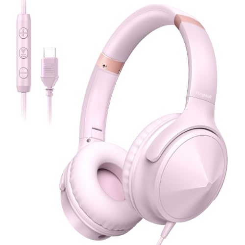 USB C Over Ear Headphones Wired, USB C Wired Headphones with Mic, Volume Control, HD Stereo Sound, Foldable & Lightweight USB Type C Headphone for Teens/School/Tablet/iPhone15-17 - color: Pastel Pink