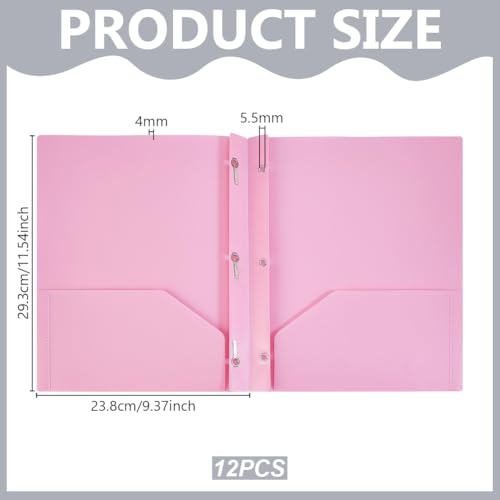 AHANDMAKER 12 Pack Plastic Folders with Pockets and Prongs, Durable 2 Pocket Project File Folders with 3 Prong Fasteners for Letter Size Papers Home School Office Business Use, Pink - color: Pink