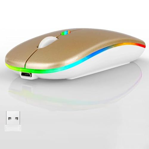 LED Wireless Mouse, Slim Silent Dual-Mode 2.4G+BT Rechargable 7-Color Portable Mobile Optical Office Mouse with USB Receiver, 3 Adjustable DPI Levels for Notebook, PC, Computer, MacBook (GOLD) - color: gold