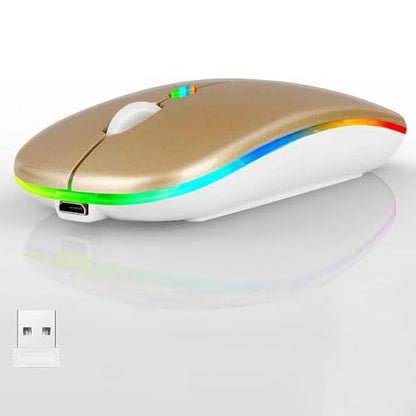 LED Wireless Mouse, Slim Silent Dual-Mode 2.4G+BT Rechargable 7-Color Portable Mobile Optical Office Mouse with USB Receiver, 3 Adjustable DPI Levels for Notebook, PC, Computer, MacBook (GOLD) - color: gold