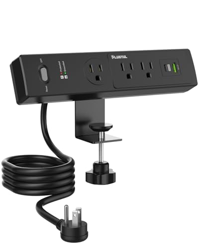 PLUGTUL Desk Clamp Power Strip 6FT, Outlet Station with 3 Outlets, PD 20W Fast Charging, Flat Plug, 14 Gauge, 980J Surge Protector, Black Power Strip with USB C, Fit 1.72" Tabletop Edge - size: 6FT