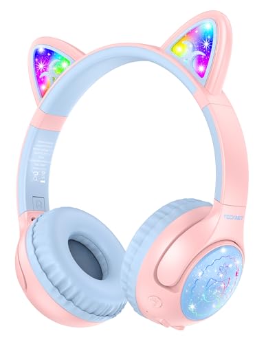 TECKNET Cat Ear Kids Bluetooth Headphones, Kids Headphones Wireless with Detachable Cable, 70H Playtime, 74/85/94dB Volume Limiting, Bluetooth 5.3, Built-in Mic, LED Light-Up, for iPad, PC, School