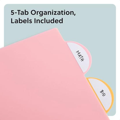 U Brands 5 Tab Poly Binder Dividers with Pocket, Pastel Drift, 3-Hole Punched, 10 Blank Labels, Transparent Pocket, Durable No-Tear - color: Pastel Drift
