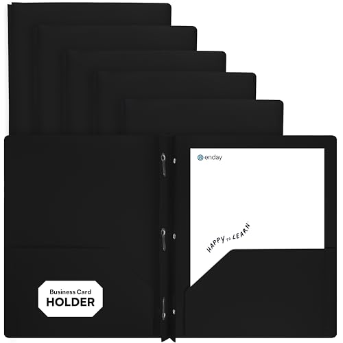 Plastic Folders with Pockets and Prongs Black, Two Pocket Folder with Brads, 3 Prong Folders with Pockets for Letter Size Sheets (6 Pack) - By Enday - color: Black